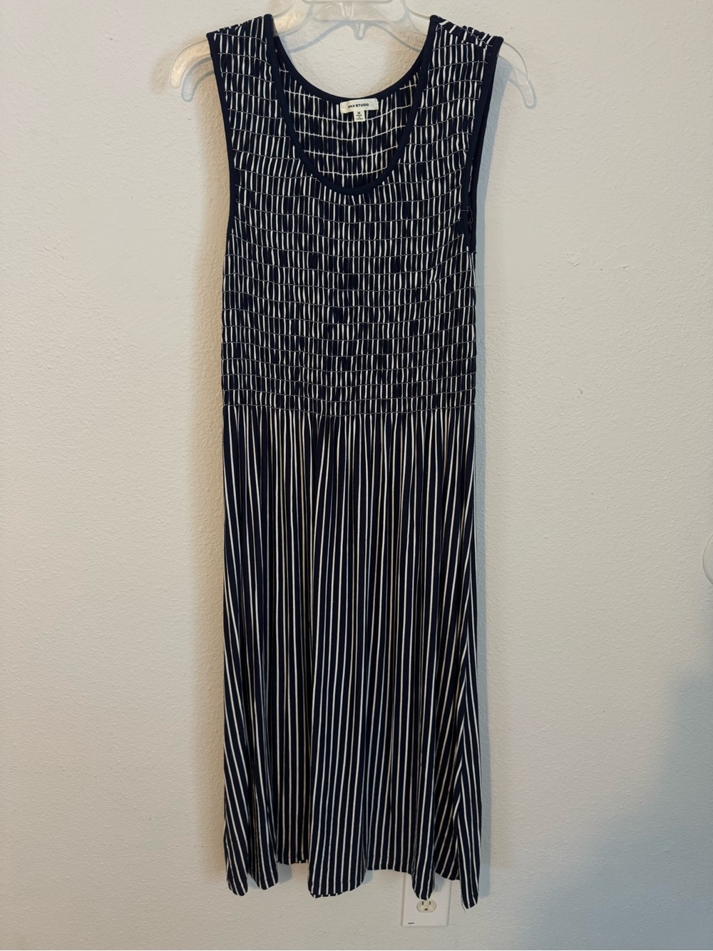 Max Studio Navy and White Striped Smocked Midi Dress